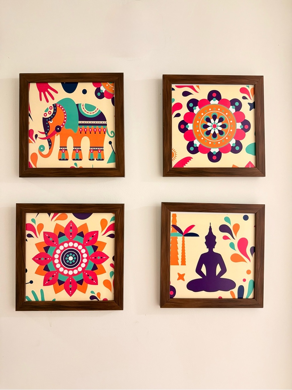 Colorful Mandala & Elephant Set - Vibrant Wall Art (Cream, Orange, Pink, Purple)